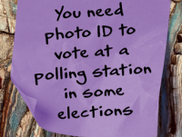 Image of purple post it note saying You need photo ID to vote at a polling station in some elections