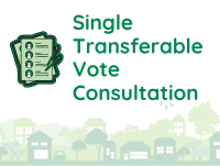 Icon of a survey and pencil with Single Transferable Vote Consultation written in green