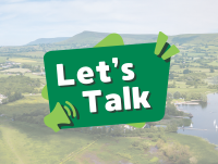 Let's Talk graphic on a background image of Powys countryside