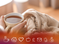 A person keeping warm with a hot drink and a blanket